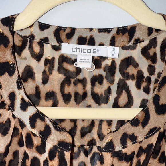 Chicos Leopard Print Button-Up Blouse Size 10 Polyester Long Sleeve Womens - Picture 3 of 6